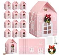 12 Pack Pink Christmas Enchanted Cottage Gift Boxes with Wreath LED Lights | 12 Mini Wreath 12 LED Lights Sticky Dots 7.1x7.1x7.9in 300g Embossed Cardstock Xmas Treat Boxes for Gifts Table Mantel Decor