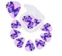 12 Pack Purple Butterfly Guitar Picks with Organizer Storage Box, 3 Different Thickness Celluloid Guitar Pick Abstract Art Pics Plectrum for Acoustic Electric Guitar, Ukulele, Bass
