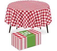 12 Pack Red and White Checkered Tablecloth, Round Christmas New Years Gingham Plastic Table Cloths for Parties Disposable, 84x84 in Waterproof Camping Tablecloth for Birthday Party Baby Shower Picnic