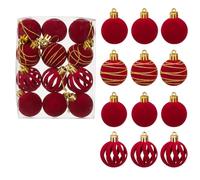 12 Pack Red Velvet Christmas Baubles 4cm - Luxury Shatterproof Tree Ornaments in 4 Elegant Designs | Red Decorations with Gold Glitter | Xmas Hanging Balls for Tree, Wreath & Home Décor