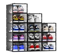 12 Pack Shoe Storage Bins, Clear Plastic Stackable Shoe Organizer for Closet, Space Saving Foldable Shoe Rack, Shoe Box Sneaker Holder Container, Black Frame
