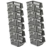 12 Pack Silver Plastic Stacking Storage Baskets Rectangular Clip Together Organiser For Home Office And Kitchen 18Cm