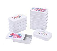 12 Pack Slide Top Rectangular White Metal Tin Storage Containers with Love Heart Image Pattern Lid, 9 x 6 x 2 cm