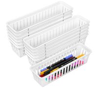 12 Pack Slim Plastic Storage Baskets Tray for Organizing 10.23 X 2.36 X2.28 Inch Stackable Small Narrow Storage Bins White Pencil Organizer Basket for Classroom Office Desk Garage Cabinet Containers