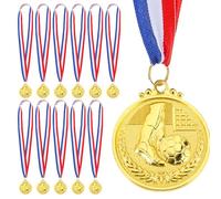 12 Pack Soccer Medals, Metals Gold Award Medals Soccer Trophy Team Participation Trophies with Red, White, And Blue Striped Ribbon Suitable for Sports Competitions Celebration and Party Favors