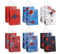 12 Pack Spider Party Gift Bags with Handles for Halloween Superhero Party Decorations, Classic Blue Red Spider Kraft Paper Candy Treat Goodie Bags Birthday Supplies