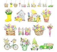12 Pack Spring Garden Hanging Decorations Set, Watercolour Floral Tulip Ornaments with Bicycle, Birdhouse, Truck & Gnome, Hanging Wooden Garden Decor for Outdoor Patio Home Wall