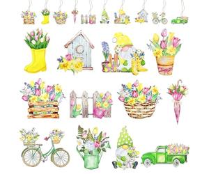 12 Pack Spring Garden Hanging Decorations Set, Watercolour Floral Tulip Ornaments with Bicycle, Birdhouse, Truck & Gnome, Hanging Wooden Garden Decor for Outdoor Patio Home Wall