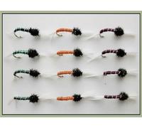12 Pack Standard Thoraxed Buzzer - Orange, Green & Claret, Choice of Sizes, fly fishing (12, Mixed)