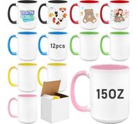 12 Pack Sublimation Mugs 15 oz, Blank White Ceramic Coffee Mug with Box | Sublimation Cups Bulk, DIY Coated Mugs with Handles for Heat Transfer, Tea, Latte, Hot Cocoa, Gifts & Crafts, Dishwasher Safe