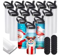 12 Pack Sublimation Tumblers Flat Edge Blanks Skinny Straight 20 oz, Stainless Steel Double Wall Insulated Water Bottles with Portable Handle & Straw Lids for Heat Transfer, White (FE-12P)