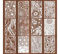 12 Pack Texture Stencils for Crafts Reusable Stencils for Painting on Wall Canvas Cake Decorations Wood Grains Spider Net Flower Layering Spray Paint Stencil Drawing Templates