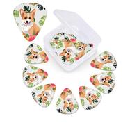 12 Pack tropical flower and corgi Guitar Picks with Organizer Storage Box, 3 Different Thickness Celluloid Guitar Pick Abstract Art Pics Plectrum for Acoustic Electric Guitar, Ukulele, Bass