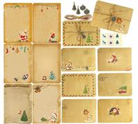12-Pack Vintage Christmas Stationery Set Christmas Writing Papers and Envelopes Set-12 Kraft Paper Envelopes, 24 Retro Xmas Letter Paper Sheets, Twine, Stickers & Charms for Festive Greeting Cards