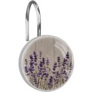 12 Pack Vintage Lavender Flower Shower Curtain Hooks, Round Shower Hooks with Cute Sparkly Glass, Stainless Steel Rust Resistant Shower Curtain Rings for Bathroom Accessories