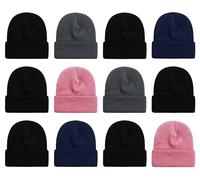 12 Pack Winter Beanie Hats for Men Women, Warm Cozy Knitted Cuffed Skull Cap, Wholesale - - One Size