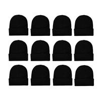 12 Pack Winter Unisex Beanie Cap Hats for Men Women, Warm Cozy Knitted Cuffed Skull Cap,Solid Black Color Wholesale, Black, One size