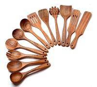 12 Pack Wooden Spoons for Cooking - Natural Teak Kitchen Utensils Set With Spatulas