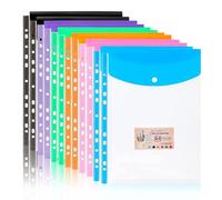 12 Packs A4 File Folders - Plastic Wallets Folders Colourful File Pockets with Button and Tab Card Plastic Envelope File Folders for School Office Receipt of Bills Document