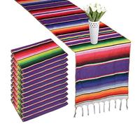 12 Packs Mexican Blanket Serape Table Runner Colorful Striped Fringe Cotton Table Runner for Mexican Birthday Party Wedding Holiday Decorations Pack of 12 - 14x84