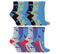 12 Pair Multipack Kids Novelty Bamboo Trainer Socks | Sock Snob | Breathable Low Cut Socks with Fun Designs (3-7 Years, Pack 1 (Sharks & Dinosaurs))