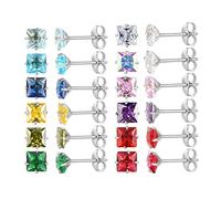 12 Pairs 18K Gold Plated Surgical Stainless Steel Stud Earring, Star Heart teardrop Square Cubic Zirconia Birthstone Stud Earrings Set (Silver square 4mm)