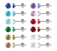 12 Pairs 18K Gold Plated Surgical Stainless Steel Stud Earring, Star Heart teardrop Square Cubic Zirconia Birthstone Stud Earrings Set (Silver round 4mm)