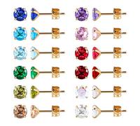 12 Pairs 18K Gold Plated Surgical Stainless Steel Stud Earring, Star Heart teardrop Square Cubic Zirconia Birthstone Stud Earrings Set (Gold round 3mm)