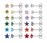 12 Pairs 18K Gold Plated Surgical Stainless Steel Stud Earring, Star Heart teardrop Square Cubic Zirconia Birthstone Stud Earrings Set (Silver star 4mm)