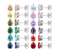 12 Pairs 18K Gold Plated Surgical Stainless Steel Stud Earring, Star Heart teardrop Square Cubic Zirconia Birthstone Stud Earrings Set (Silver teardrop 3mm)