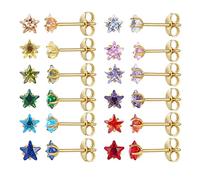 12 Pairs 18K Gold Plated Surgical Stainless Steel Stud Earrings, Star Heart Square Stud Earring for Women, Cubic Zirconia Birthstone Stud Earrings Set