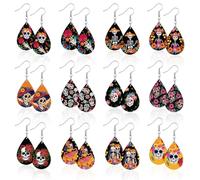 12 Pairs Acrylic Halloween Sugar Skull Earrings Wooden Day of the Dead Teardrop Earrings Jewelry set for Women Ladies Party Favors Gift, L, Acrylic, No Gemstone