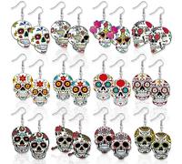 12 Pairs Acrylic Halloween Sugar Skull Earrings Wooden Day of the Dead Teardrop Earrings Jewelry set for Women Ladies Party Favors Gift, L, Acrylic, No Gemstone