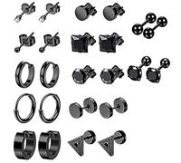 12 Pairs Black Earrings Studs, Stainless Steel CZ Screw Studs Cartilage Earrings Hoops Barbell Ear Plugs Ear Piercing Triangle Screw Studs Earrings Endless Round Huggie Hoop Men's Earrings