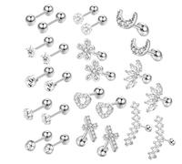 12 Pairs Cartilage Earrings Set, Stainless Steel CZ Hearts, Flowers & Moons Studs with Ball Screw Backs - 16G 6mm Helix Tragus Piercing Jewellery Gift for Women (Silver)