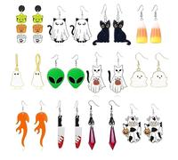 12 Pairs Halloween Dangle Earrings Set for Women Cute Ghost Alien Pumpkin Cat Cow Bloody Knife Sweet Candy Flame Lightweight Funny Spooky Jewelry Gifts