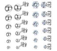 12 Pairs Hypoallergenic Stud Earrings Set, Includes 6 Cubic Zirconia Earrings+6 Stainless Steel Round Ball Stud Earrings,Surgical Steel Cartilage Earrings for Women Men Girls, Sizes 3-8mm Jewelry Gift