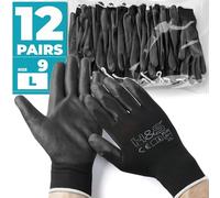 12 Pairs of Work Gloves L (9) Nylon PU coated CAT II available XS extra-small (6),S small (7), M medium (8), L large (9), XL x-large (10), XXL xx.large (11) seamless multi-purpose black colour coded