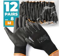 12 Pairs of Work Gloves M (8) Nylon PU coated CAT II available XS extra-small (6),S small (7), M medium (8), L large (9), XL x-large (10), XXL xx.large (11) seamless multi-purpose black colour coded