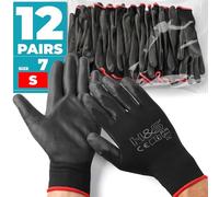 12 Pairs of Work Gloves S (7) Nylon PU coated CAT II available XS extra-small (6),S small (7), M medium (8), L large (9), XL x-large (10), XXL xx.large (11) seamless multi-purpose black colour coded