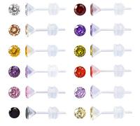 12 Pairs Plastic Earrings for Sensitive Ears Plastic Earrings for Women Cubic Zirconia Birthstone 2mm 3mm 4mm 5mm, 4MM, Acrylic, Cubic Zirconia