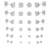 12 Pairs Silver Stud Earrings for Women Men, Hypoallergenic Earrings, Silver Surgical Steel Cubic Zirconia Ear Studs Set, Round & Square Earrings for Men Women, Size 3/4/5/6/7/8mm