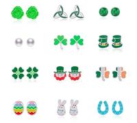 12 Pairs St Patrick's Day Stud Earrings Set for Girls Cute Easter Bunny Egg Earrings for Women Teen Girls Green Shamrock Clover Celtic Earrings Irish Jewelry