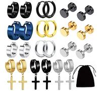 12 Pairs Stud Earrings, Stainless Steel Mens Small Hoop Earrings Ear Piercing Screw Jewelry Barbell Studs Non Pierced Male Earrings Studs Hoop Ear Plugs Huggie Stud Earrings