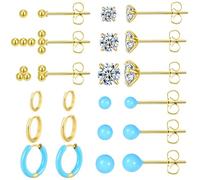 12 Pairs Stud & Hoop Earrings Set for Women 2-5mm Colorful Ball & Cubic Zirconia Stud earrings 8/10/12mm Hoop Earrings Hypoallergenic Stainless Steel Jewelry Gift Collection, 6mm, Metal, Cubic