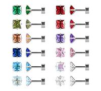 12 Pairs Surgical Stainless Steel Flat Back Stud Earrings, Screw Back Heart Star Square Teardrop Gold Plated Cubic Zirconia CZ Birthstone Stud Earrings Set (Silver square 3mm)
