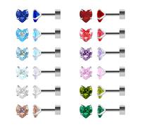12 Pairs Surgical Stainless Steel Flat Back Stud Earrings, Screw Back Heart Star Square Teardrop Gold Plated Cubic Zirconia CZ Birthstone Stud Earrings Set (Silver heart 4mm)