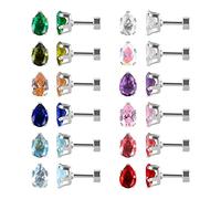 12 Pairs Surgical Stainless Steel Flat Back Stud Earrings, Screw Back Heart Star Square Teardrop Gold Plated Cubic Zirconia CZ Birthstone Stud Earrings Set(Silver teardrop 3mm)