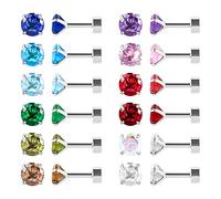 12 Pairs Surgical Stainless Steel Flat Back Stud Earrings, Screw Back Heart Star Square Teardrop Gold Plated Cubic Zirconia CZ Birthstone Stud Earrings Set (Silver round 4mm)
