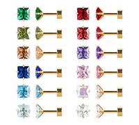 12 Pairs Surgical Stainless Steel Flat Back Stud Earrings, Screw Back Heart Star Square Teardrop Gold Plated Cubic Zirconia CZ Birthstone Stud Earrings Set (Gold square 3mm)